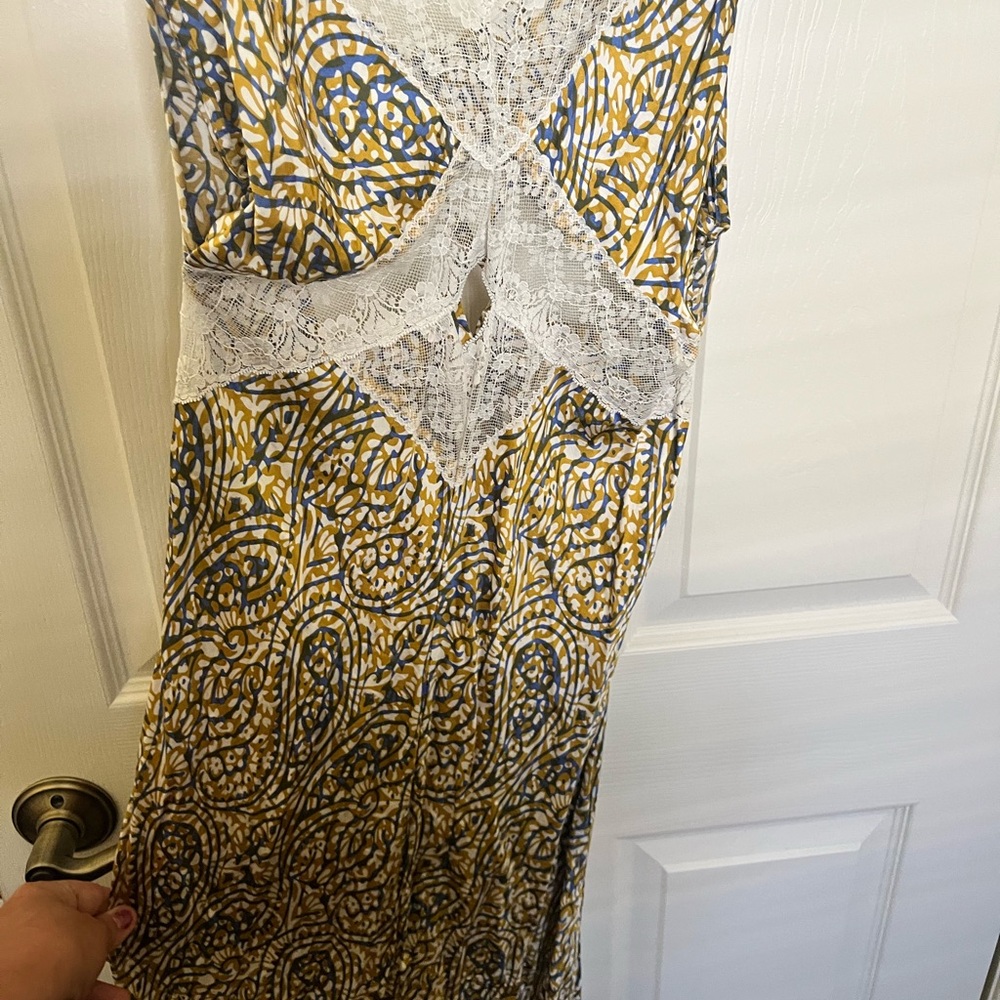 Anthropologie Printed Lace-Trim Maxi Dress in Mustard and Navy